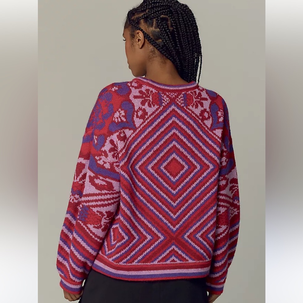 FARM Rio Red and Purple Crew Neck Sweater with Geometric Patterns - Picture 2 of 3